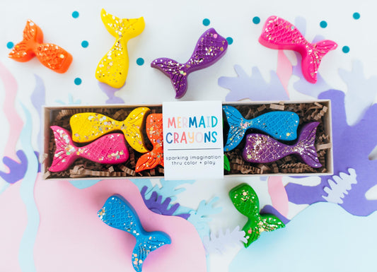 Under Sea Party Favor Mermaid Tail Glitter Crayon Set Toddler Birthday Gift Bags Ocean Themed Creative Play Toy Sparkly Rainbow Colored Art Supply Kids Coloring Activity Non Toxic Hand Poured Party Goodie Bag Filler Imaginative Play Gift