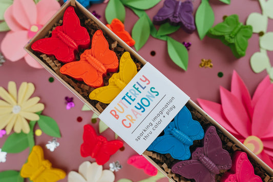 Toddler Safe Butterfly Crayon Set Rainbow Colored Party Favor Kids Birthday Gift Small Hands Fine Motor Skills Development Art Supply Creative Screen Free Activity Whimsical Wing Pattern Design Novelty Shaped Crayon Collection Classroom