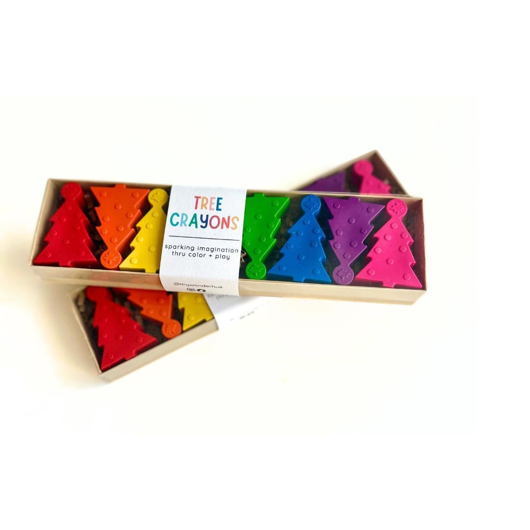Toddler Christmas Gift Rainbow Crayon Set Tree Shaped Design Holiday Stocking Stuffer Kids Non Candy Gift Seven Color Pack Textured Surface Raised Dots Preschool Party Favor Creative Play Activity Non Toxic Wax Art Supply Small Handheld