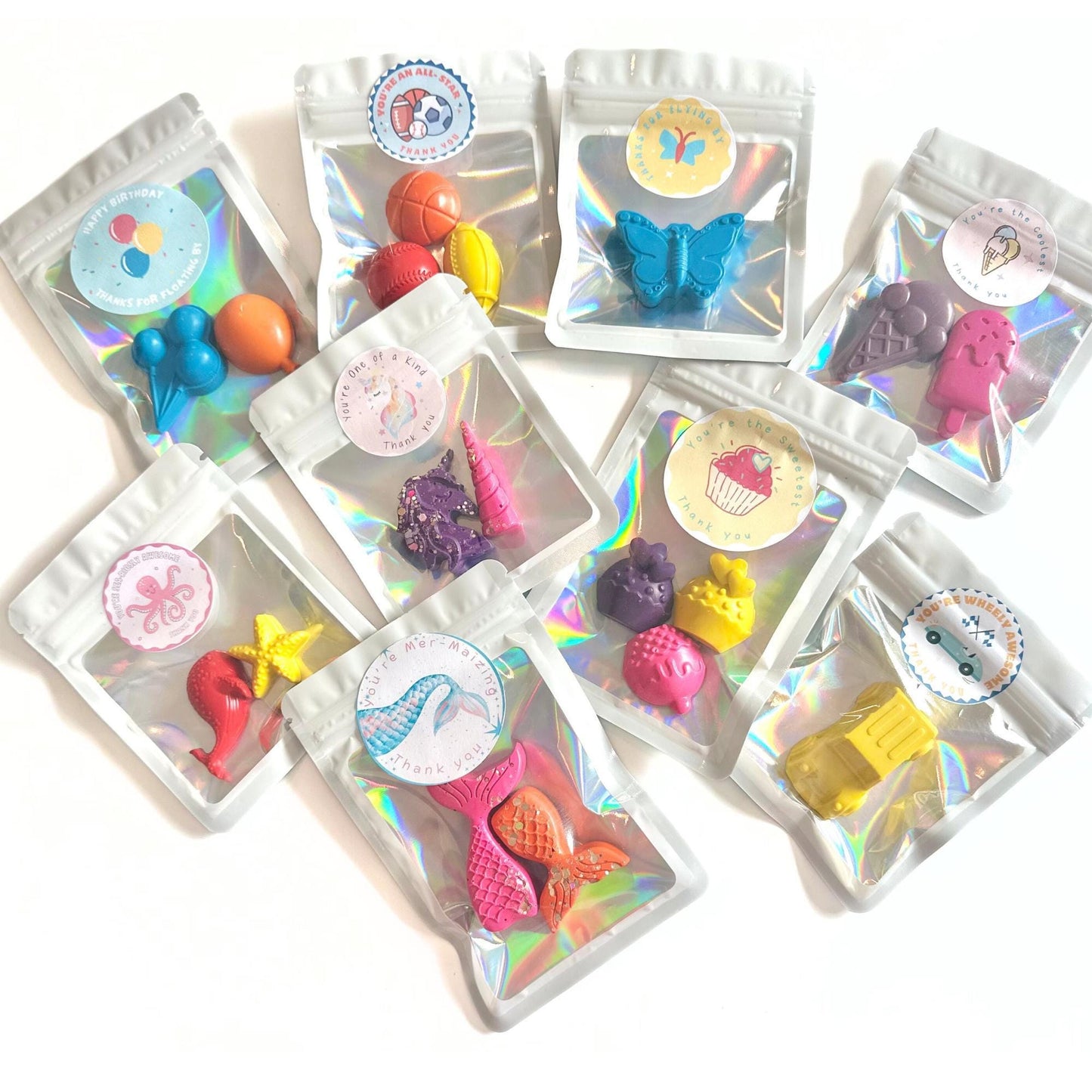 Birthday Party Favor Goodie Bag Filler Handmade Crayon Set Bulk Classroom Gift Custom Color Design Student Reward Preschool Elementary Kids Celebration Non Candy Treat Option Individually Packaged Holographic Bag Safe Non Toxic Creative