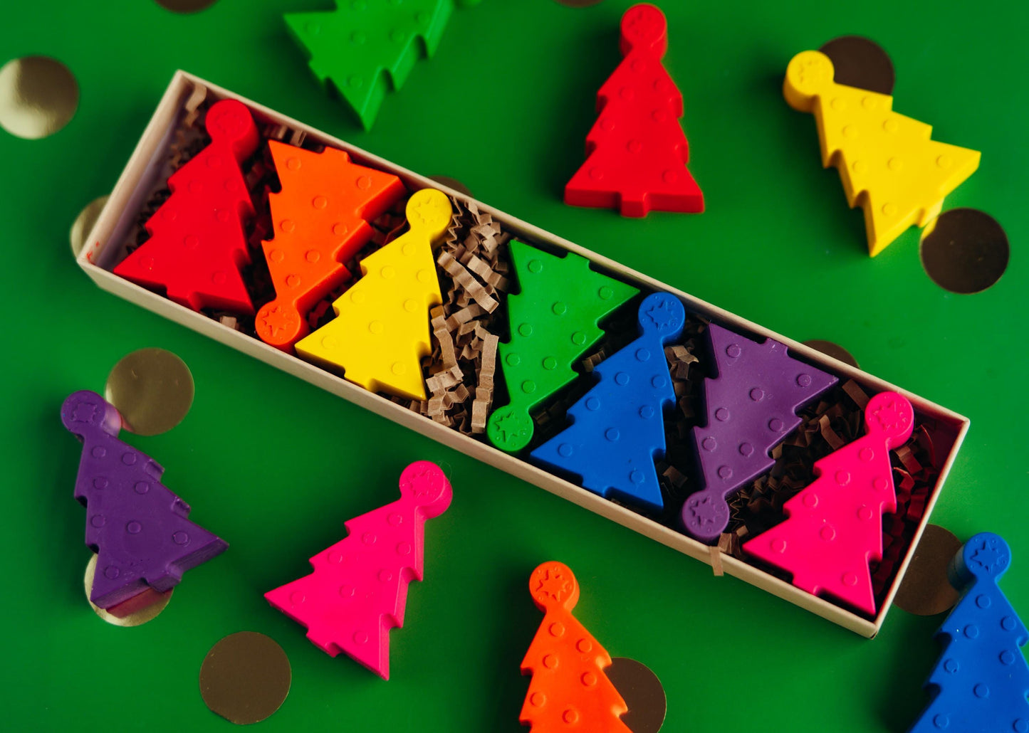 Kids Party Favor Christmas Tree Crayon Rainbow Colored Set Holiday Celebration Gift Non Candy Stocking Stuffer Toddler Art Supply Seven Color Pack Textured Design Raised Dots Preschool Classroom Activity Creative Play Supply Small Handheld
